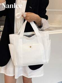 Large Capacity Canvas College Style Casual Tote Bag Shopping Bag Multifunctional Shoulder Bag Upgraded Canvas Bag - White - View 2