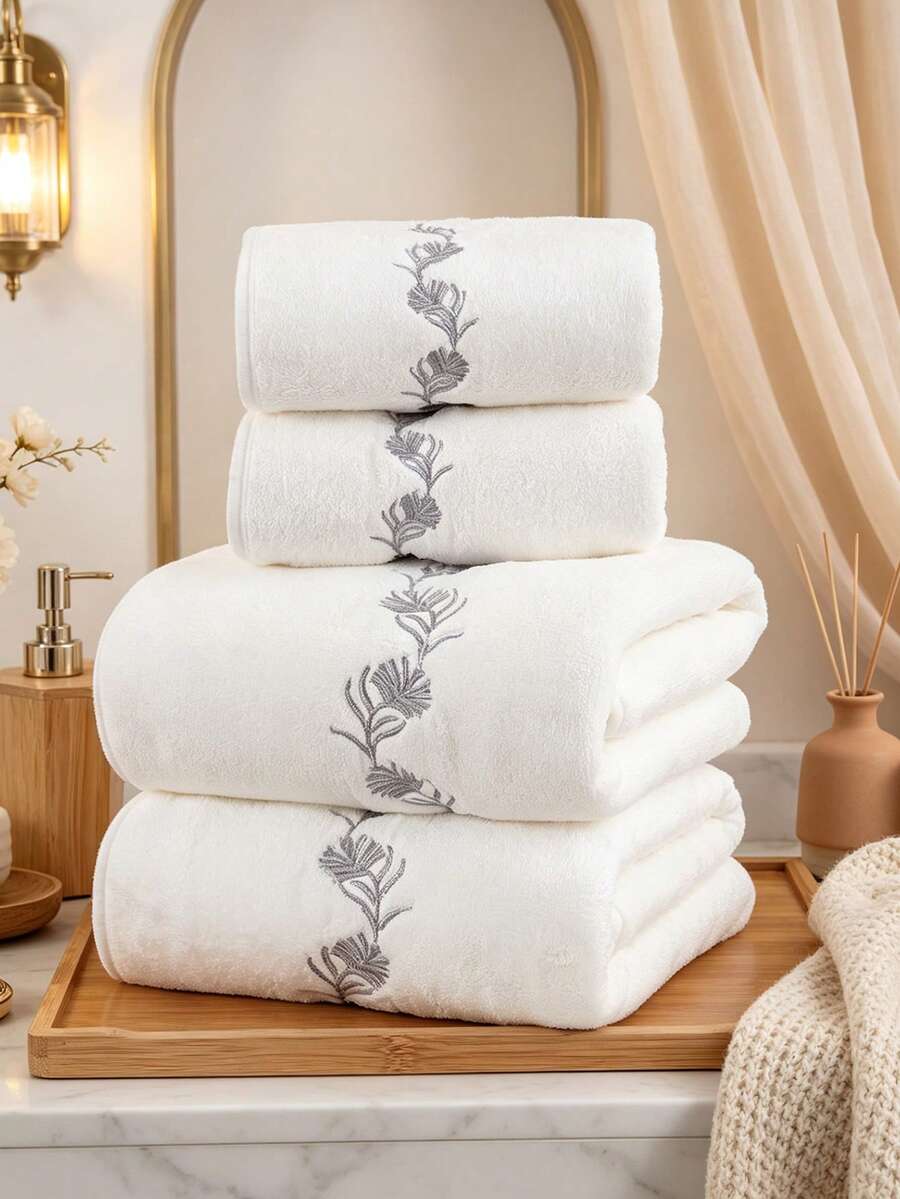 珊瑚絨刺繡純色浴巾/毛巾,適用於浴室毛巾、飯店、健身房、學校、開學季、旅行、旅行配件、居家必需品、護膚 - 白色 - 查看 1