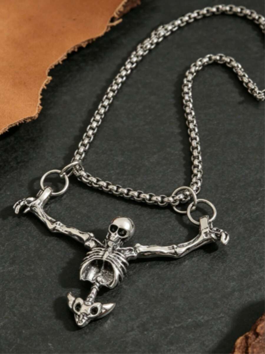 1 Collier pendentif gothique crâne sombre, chaîne de clavicule personnalisée punk hip-hop, accessoire d'Halloween - Argent - Voir 1