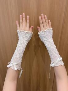 1Pair Y2K Ballet Style Lace Arm Sleeves, DIY Tie Design Ruffle Bow Lolita UV Protection Cuffs, Sweet JK Style For Daily Cosplay Party Matching - A Pair Of White Shoes With a Bow - View 3