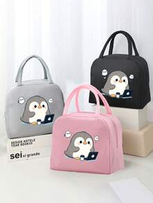 1 Pc, Creative Penguin Pattern Printed Insulated Bento Bag, Large Capacity Handheld Lunch Box Bag, Suitable For Office Workers And Travel - one-size - View 2