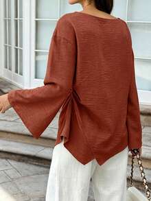 Women's Blue Woven Fabric Boat Neck Long Sleeve Shirt, With Asymmetric Hem And Drop Shoulder Design, Basic Fashion Blouse - Red - View 6