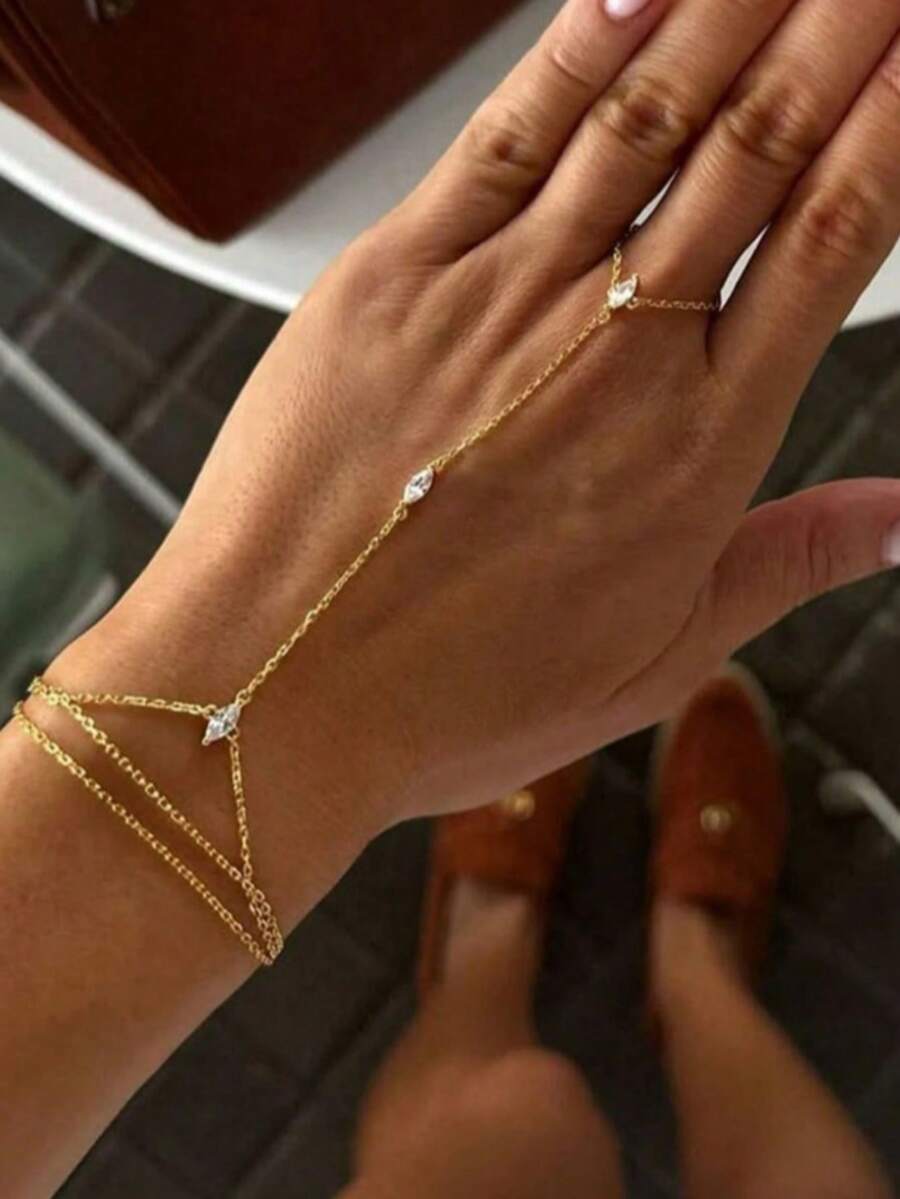1pc Rhinestone Multi-Layer Finger Chain, Women's Fashion Bracelet, Suitable For Daily Wear And Party, Minimalist Unique Accessory - Gold - View 1