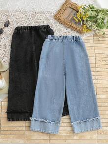 2pcs/Pack Spring/Autumn Children Girls Cuffed Floral Embroidered Denim Jeans, Casual Vacation Wear, Elastic Waist Long Pants - Multicolor - View 2