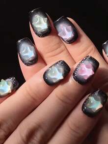 10 pièces Faux ongles carrés courts faits main, style Y2K doux et cool, base pailletée noire, décoration d'étoiles 3D iridescentes pour femmes et filles, utilisation pour les festivals, fêtes et la vie quotidienne au printemps, été, automne et hiver - Noir - Voir 2