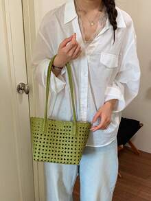 Retro Versatile Simple Solid Color Tote Bag, Niche Design Personalized Hollow Shoulder Bag, Equipped With Small Bags In The Same Color Series, - Green - View 4