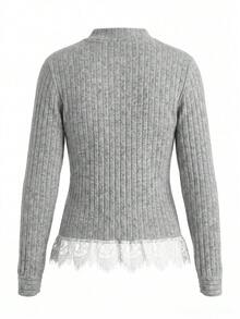 Women's Ribbed Contrast Lace Hem Knit Long Sleeve Top - Light Grey - View 9