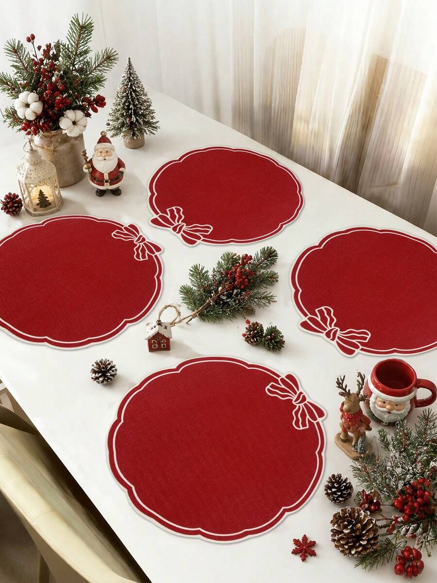 4pcs Red Christmas Linen Placemats, Red Bow Design, 38cm Diameter Round Table Mats, Holiday Party Table Decor, Holiday Tabletop Accessories, Home Kitchen Decoration, Merry Christmas Decoration