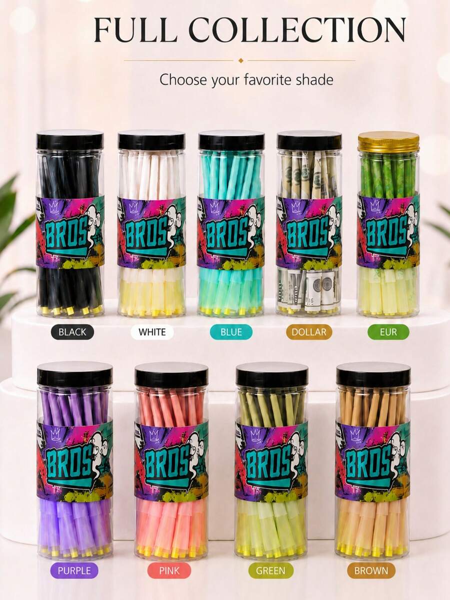 BROS Colorful Pre-Rolled Paper Cones With Tips, Slow Burning Easy Fill Rolling Paper Cones, Assorted Fun Designs, Portable Jar Pack, 1 Set