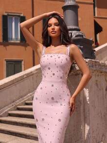 Modphy Gaun Maxi Pas Badan Tanpa Lengan dengan Tali Bahu Tipis dan Leher Persegi, Desain Bunga Berhiaskan Berlian Imitasi yang Seksi dan Mewah, Gaun Pengiring Pengantin Warna Polos untuk Pesta Pernikahan - Berwarna merah muda - View 6