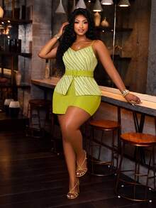 BIUBIU Plus Size Green Two Pieces Set For Women Top,Tropical Outfits Plus Size Elegant Summer - White and Green Stripes - View 3