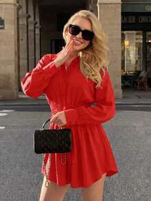 Women's Fashionable Solid Color Slim-Fit Lightweight Long Sleeve Ruched Waist Shirt Dress For Spring, Summer, Autumn, Commuting - Red - View 1
