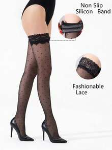 20D/70D 1 Paar Damen Spitzen rutschfeste Silikon elastische atmungsaktive transparente Valentinstag limitierte sexy elegante Spitzen Mode Overknee Socken (Polka Dot/Rücknaht Jacquard), mit rutschfestem Silikon, sexy rutschfeste enge Socken, schlankmachende vielseitige Socken, geeignet für Party, Urlaub, Alltag - Schwarz - Übersicht 2