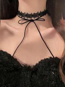 1pc Women's Gothic Choker Dark Lace Double Layer Tie Bow Fashion Personalized Neck Chain Choker Collar - Multicolor - View 7