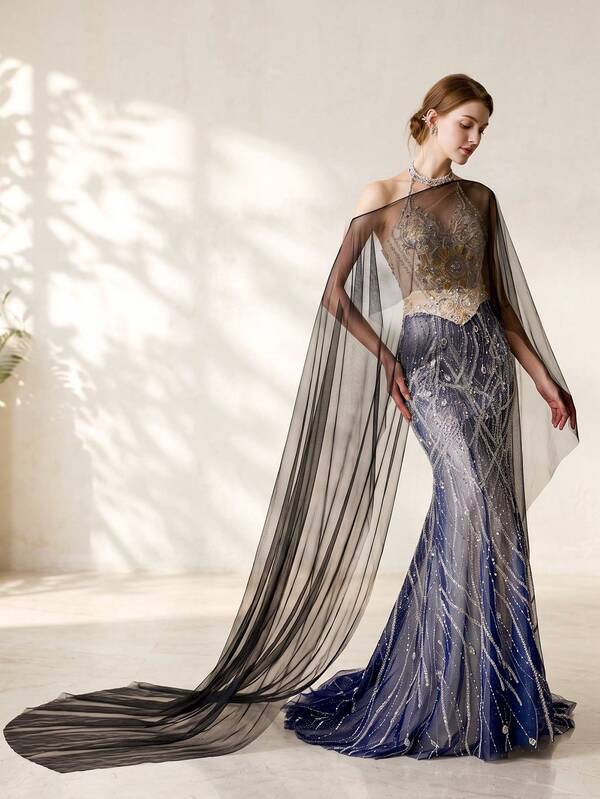 Minimalist Asymmetrical Draped Tulle Shawl, Extra Long Train Sheer Cape, Gothic Style Versatile Outerwear For Evening Party And Photography