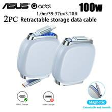 ASUS 2pcs 100W USB C To USB C Cable • Retractable With Magnetic Slot • 4 Preset Lengths • Fast Charging Compatible With Iphone 17promax/16pro/15, IPad, MacBook • For S25/24 • 3.3ft Tidy Up The Cables, Easy To Carry - Baby Blue - View 2
