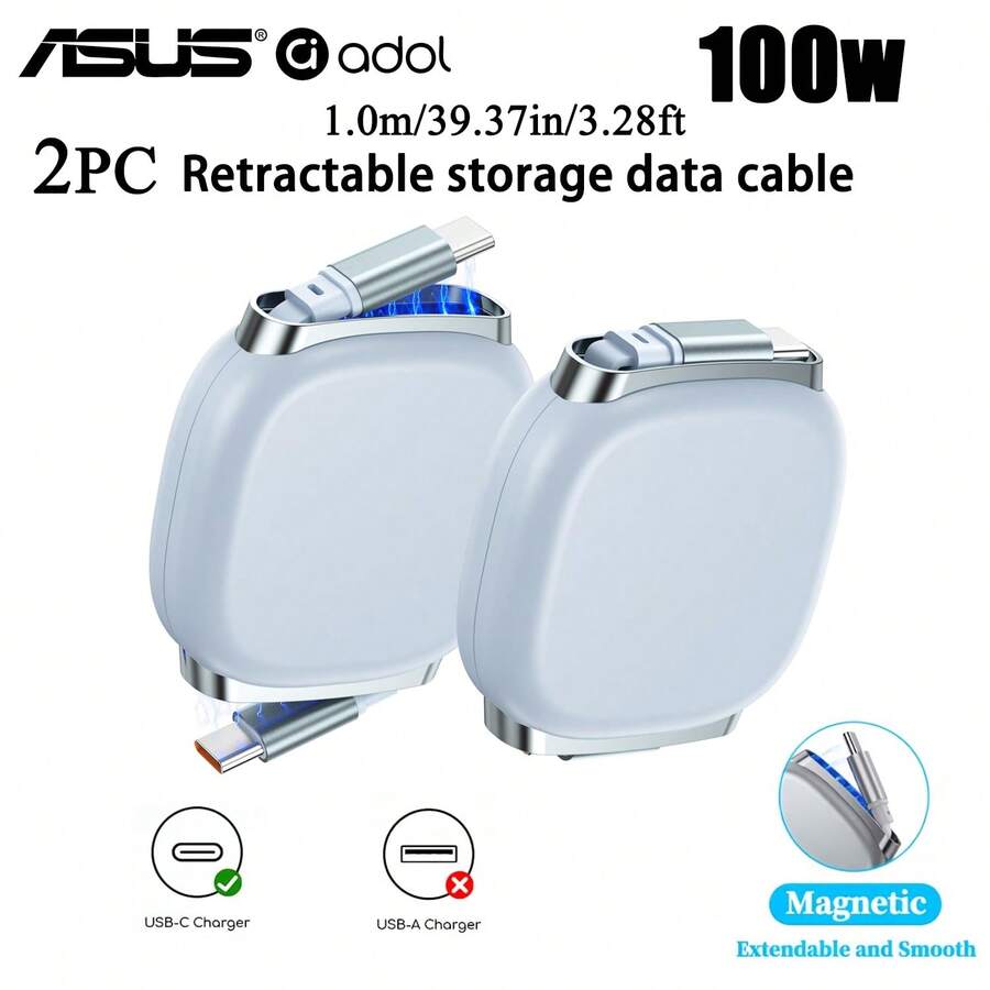 ASUS 2pcs 100W USB C To USB C Cable • Retractable With Magnetic Slot • 4 Preset Lengths • Fast Charging Compatible With Iphone 17promax/16pro/15, IPad, MacBook • For S25/24 • 3.3ft Tidy Up The Cables, Easy To Carry