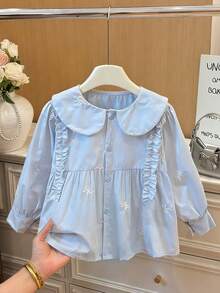 Girls Long Sleeve Doll Blouse With Frill Trim, Spring New Korean Style Sweet French Design - Baby Blue - View 1