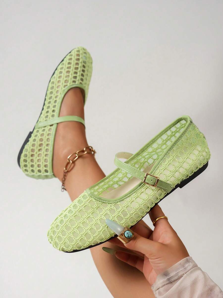 Zapatos planos estilo ballet nuevos de verano para mujeres, diseño de hebilla de malla, adecuados para uso diario versátil y desplazamientos - Verde Lima - Ver 1