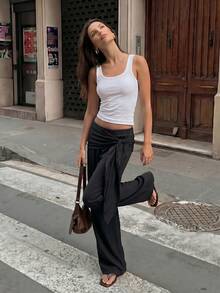 HoloChill bequeme Damen-Hose mit geradem Bein, gewebter Stoff mit modischem Gürtel, leicht elastisch, Sommer-Lässig 2026 neue Unterteile, Damen-Lässig-Outfits zum Ausgehen, Schulanfang, Homecoming, Herbst/Winter, französischer Stil - Schwarz - Übersicht 2