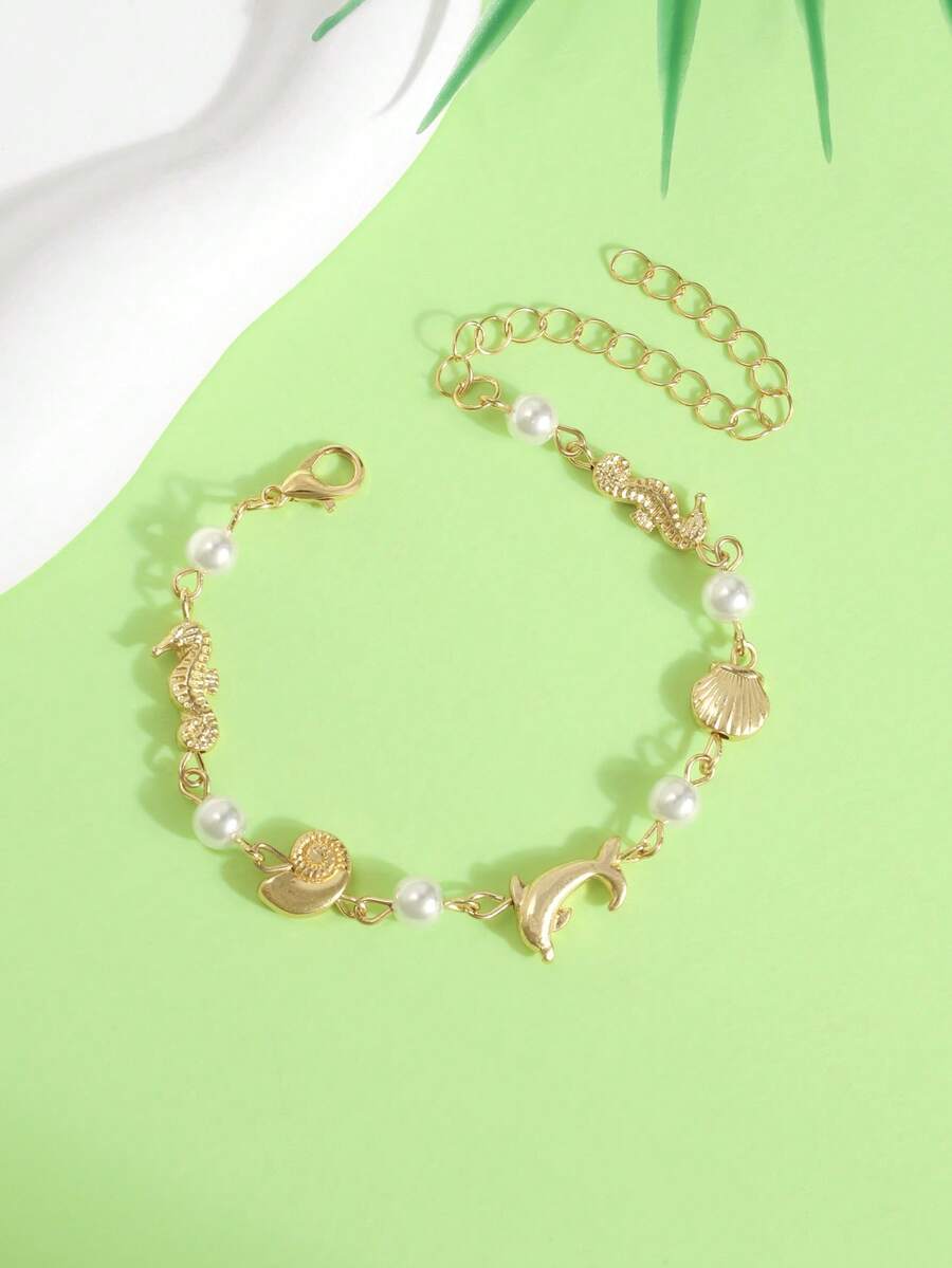 1pc Designer Dolphin Seahorse Shell Pearl Bracelet, Women's Casual Style - Multicolor - View 1