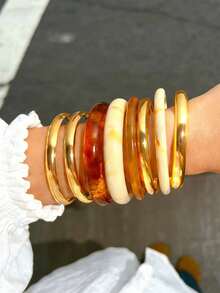 BOHO 8pcs/4pcs Women's Bracelet Set, Vintage Fashion Elegant Minimalist Daily Basic Gold-Tone Stackable Brown Resin Marbled Mixed Bracelets Set, Personalized Sweet Y2K High-End Jewelry Accessories Suitable For Women's Summer Beach Vacation, Daily Wear, Party, Gathering, Gift For Girls - Multicolor - View 2