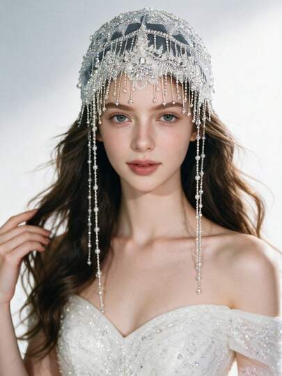 Full Rhinestone Pearl Long Tassel Mesh Bridal Head Cap Forehead Hairpiece Bridal Hair Accessories For Bride Wedding Bachelorette Party