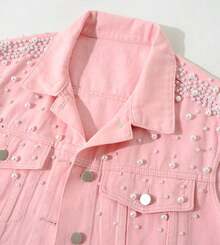 Womens Casual Beading Pearls Pink Sleeveless Denim Vest Jean Jacket Coat - Pink - View 3