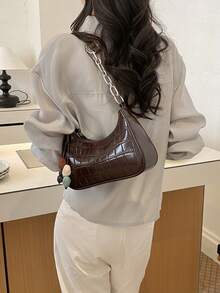 Premium Luxury Women's New Fashion Crescent Underarm Small Bag, Textured Oil Wax Leather Shoulder Crossbody Bag - Coffee - View 6