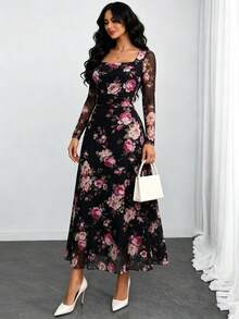 Plus Size Women's Elegant Elastic Mesh Printed Long Dress, Square Neck A-Line Dress, Fitted Waist With Ruched Detail, Suitable For Spring Autumn Garden Date Party Commute Office Versatile - Black - View 5