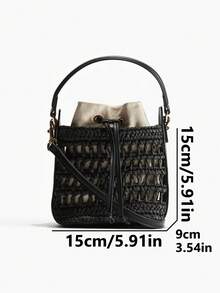 Women's Straw Bucket Bag Small Handbag, Straw Bucket Bag Summer Small Woven Crossbody Bag, Women's Hobo Bucket Bag, Vacation Handbag, Straw Beach Bag, Fashionable, Durable And Many Other Advantages, Perfect For Vacation, Dating, Work, Party, Shopping, Evening Party, Travel, Beach And Daily Use. - Black - View 3