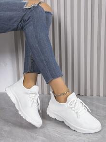 女款布面運動鞋，前綁帶網格裝飾，戶外跑步鞋，健身鞋 - 白色 - 查看 5