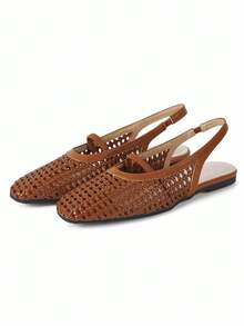 planare Sandal Wanita Model Baru Populer Musim Panas, Desain Minimalis Tenun Jaring Bernapas, Tali Belakang Model Slingback, Ujung Persegi, Tali Belakang, Warna Cokelat, Cocok untuk Perjalanan Sehari-hari - Coklat - View 11