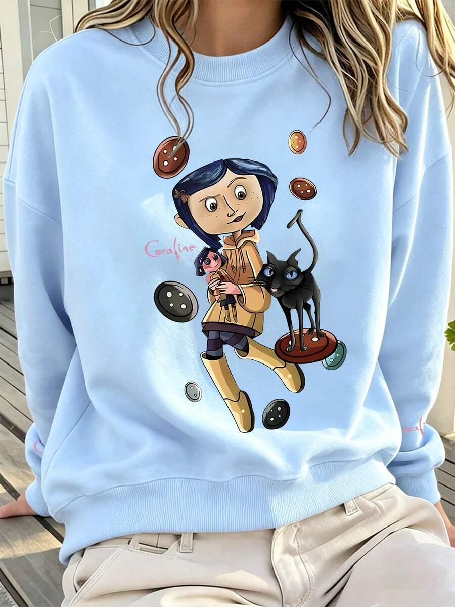青少年女孩卡通印花圓領衛衣，休閒舒適，適合秋冬時尚，可愛服飾 - 藍色 - 查看 1