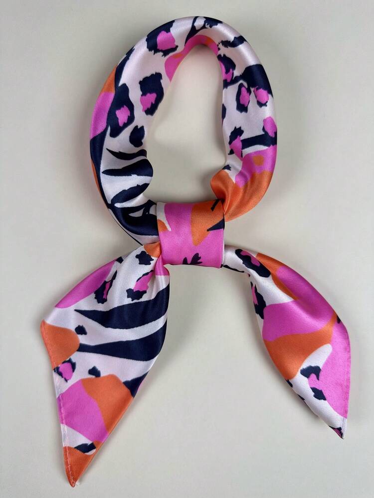 1pc Women's Hawaiian Tropical Floral Print Square Silk Scarf Elegant Neck Scarf Headscarf Satin Hair Accessory - Hot Pink - View 3
