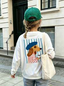 Girls White Round Neck Long Sleeve T-Shirt, Cute French Dachshund Coffee Cartoon Back Print, Loose Casual Autumn Top, Suitable For Teenage Girls - White - View 10