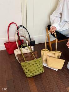 Retro Versatile Simple Solid Color Tote Bag, Niche Design Personalized Hollow Shoulder Bag, Equipped With Small Bags In The Same Color Series, - Green - View 12
