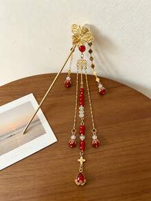 1pc Gold Butterfly Red Bead Tassel Hair Stick, Bridal Bun Hair Accessory For Wedding, Banquet, Party - Multicolor - View 1