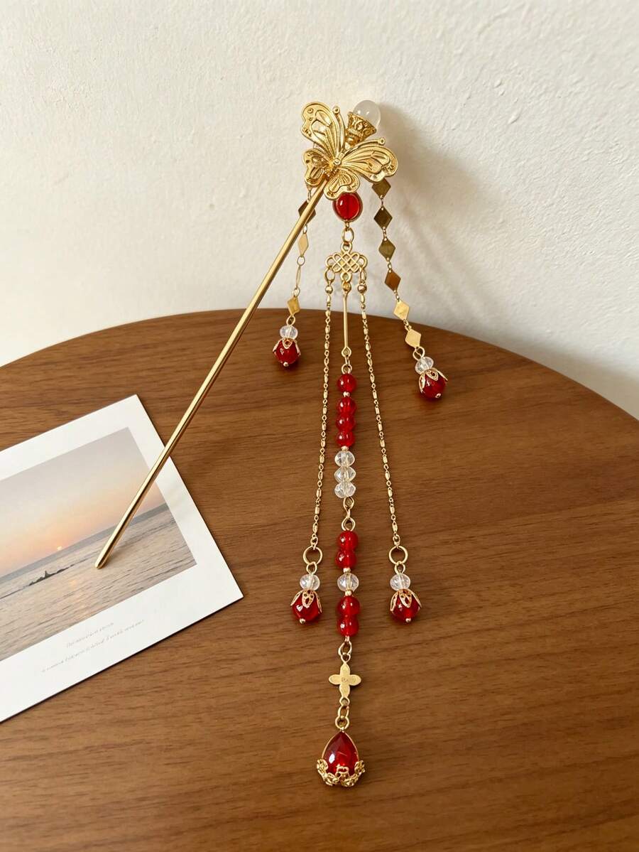 1pc Gold Butterfly Red Bead Tassel Hair Stick, Bridal Bun Hair Accessory For Wedding, Banquet, Party - Multicolor - View 1