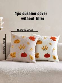 1pc Thanksgiving Maple Leaf Pumpkin Wheat 3D Embroidered Cushion Cover, Full Polyester Faux Linen Fabric, Universal Indoor/Outdoor Throw Pillow Cover, Suitable For Home Sofa Decorative Pillow Cover, Ideal Choice For Bedroom Bed, Chair, Car Matching, No Insert Included - Beige - View 3