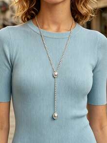 1pc Silver Plated Luxury Round Bead Y-Shaped Adjustable Necklace, Suitable For Women's Daily Wear And Dating, Elegant Versatile Sweater Chain Brand Jewelry - Telescopic Necklace - View 1