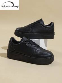 Women's Thick Sole Color Block Round Toe Lace-Up White Casual Sneakers, Spring Autumn Simple Fashion Leisure Flats,Trainers Women - Black - View 7