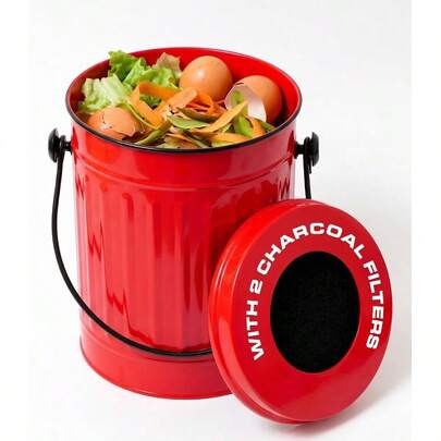Countertop Compost Bin Kitchen With Lid, Red 1.5 Gallon Odorless Compost Container, Steel Food Compost Bucket Kitchen With Charcoal Pail Countertop