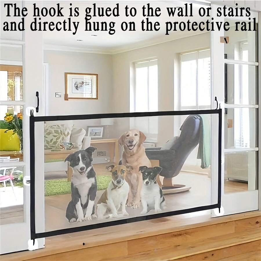 Single-Layer Retractable Pet Fence (Suitable For Cats And Dogs) - Made Of PE Mesh And Transparent Hook Design, Portable And Adjustable, Indoor And Outdoor Use, Space-Saving Pet Gate With Fashionable Paw Print Decoration, Easy Installation For Home And Yard, Lightweight Material - Multicolor - View 1