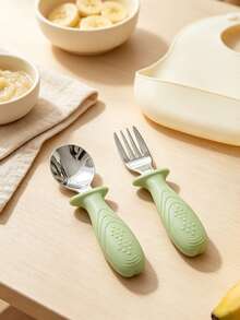 Baby & Toddler Silicone & Stainless Steel Tableware Set, Includes Spoon & Fork, With Silicone Handle, Anti-Choking Design - Multicolor - View 13