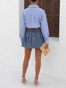 Blue White Women's Stylish Pleated Summer Mini Denim Skirt - Blue - View 3