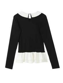Contrast Color Peter Pan Collar Layered Ruffle Hem Elegant Preppy Style Long Sleeve T-Shirt Top - Black - View 8