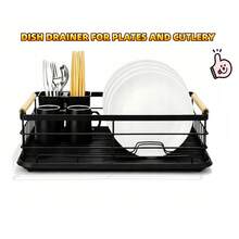 Dish Drying Rack With Drain Tray & Cutlery Holder | Metal Kitchen Dish Rack With Wooden Handles | Black / White / Grey / Beige - View 12