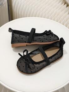 1 Pair Black Girls Sweet Polka Dot Mesh Bow Round Toe Mary Jane Flat Shoes, Suitable For Dress, Birthday, Performance, 2026 New Style - Black - View 6