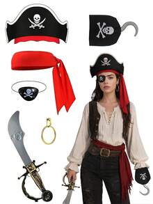 1 Set Pirate Costume Accessories Kit, Includes Pirate Hat, Bandana, Eye Patch, Hook, Hand, Gold Earrings, Prop Sword, Suitable For Halloween Role Play Theme Party Costume Props - Multicolor - View 1